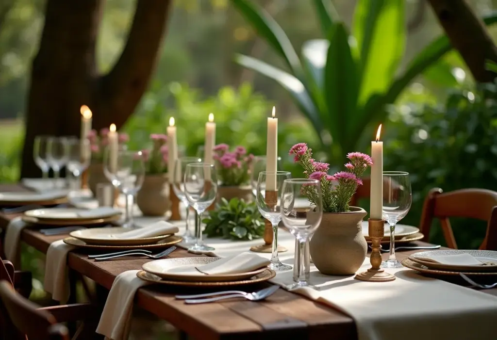 Mesa de casamento decorada no Pantanal com vegetação exuberante.