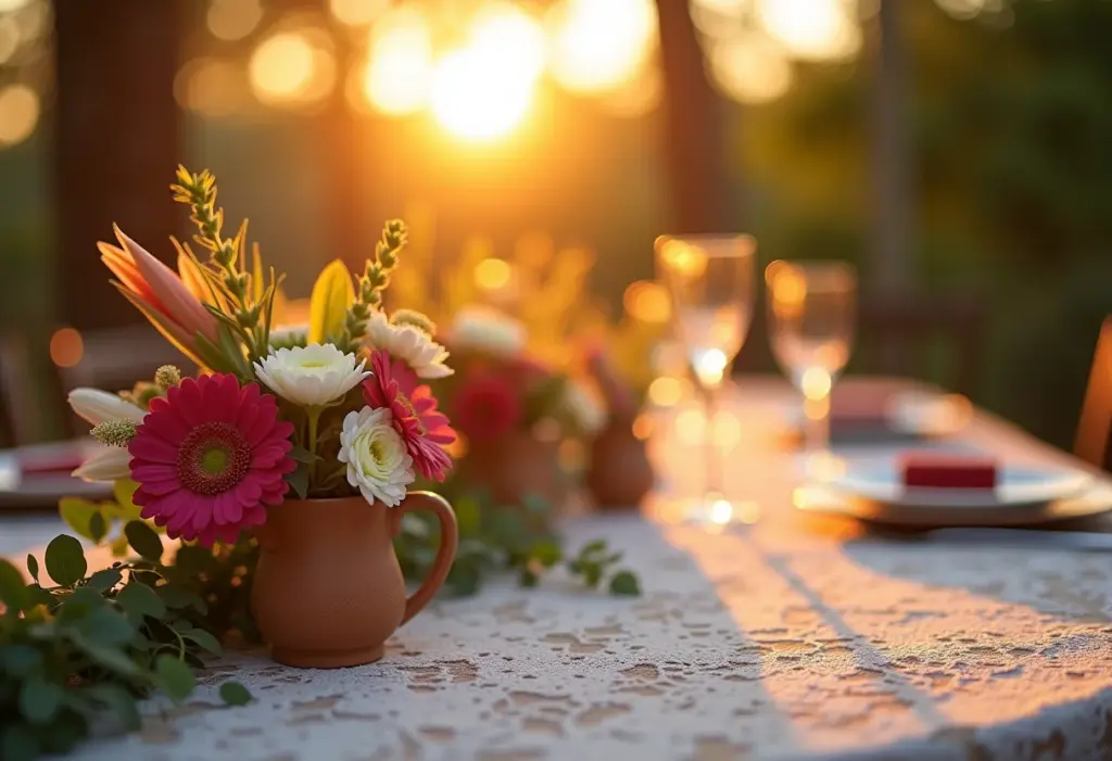 Mesa de recepção de casamento com decoração floral exuberante em Santana do Riacho.