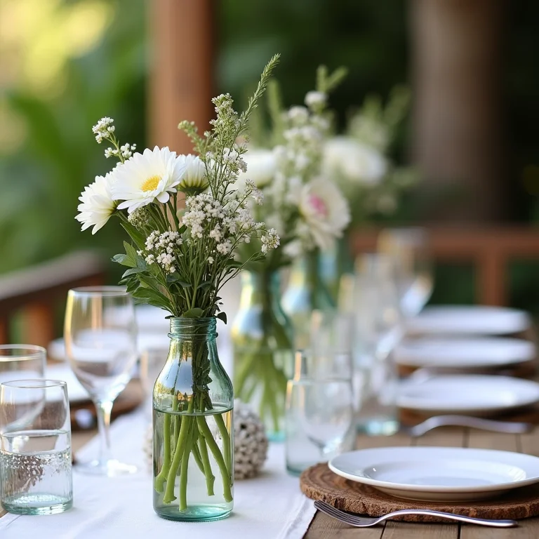 Mesa de recepção de casamento com flores em garrafas e potes de vidro.