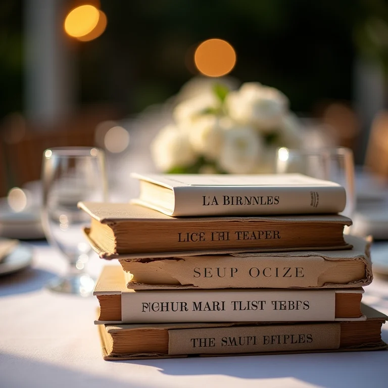 Mesa de recepção de casamento com livros e nomes de mesas literários
