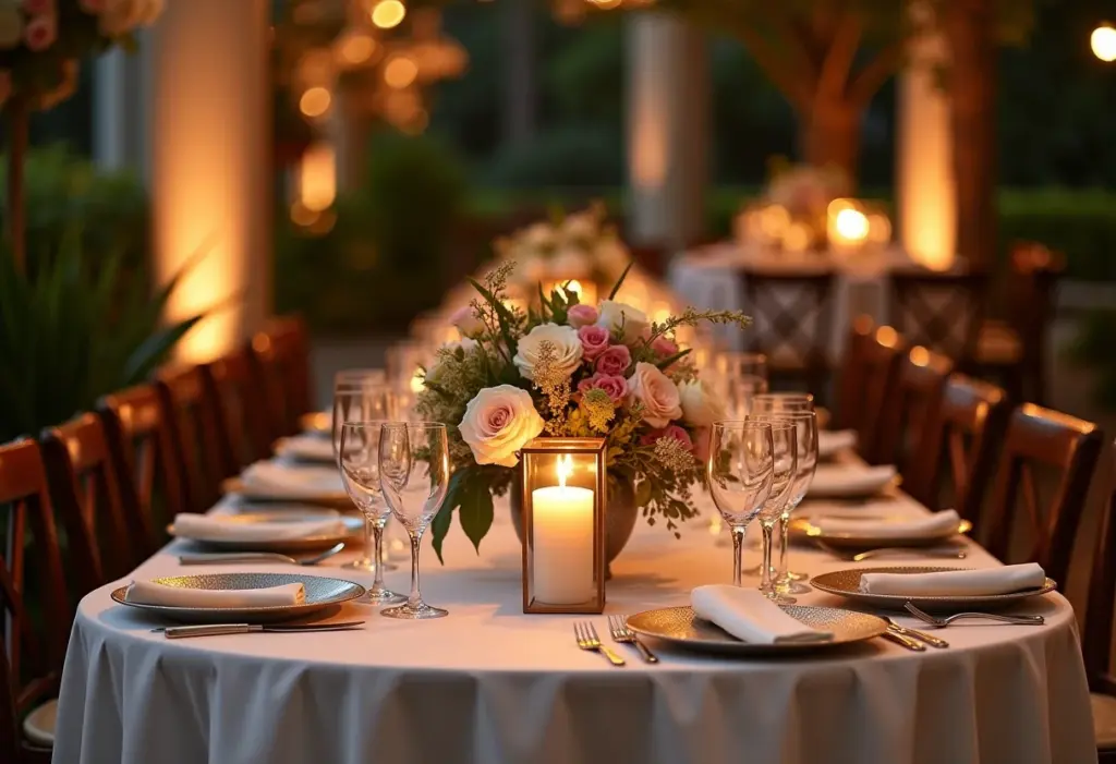 Mesa de recepção luxuosa decorada para casamento de inverno no Brasil.