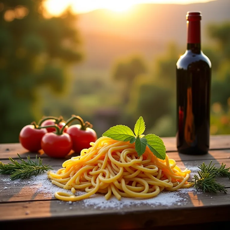 Mesa rústica com massas artesanais e vinho na Toscana, Itália