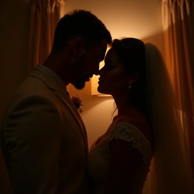 Momento íntimo de um casal em um casamento aconchegante.