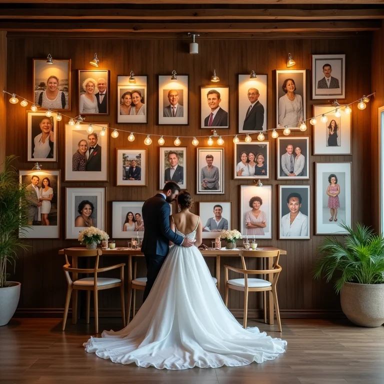 Mural de fotos do casal com os pais.