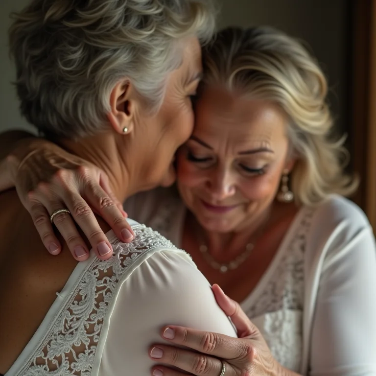 Noiva abraçando a avó no dia do casamento