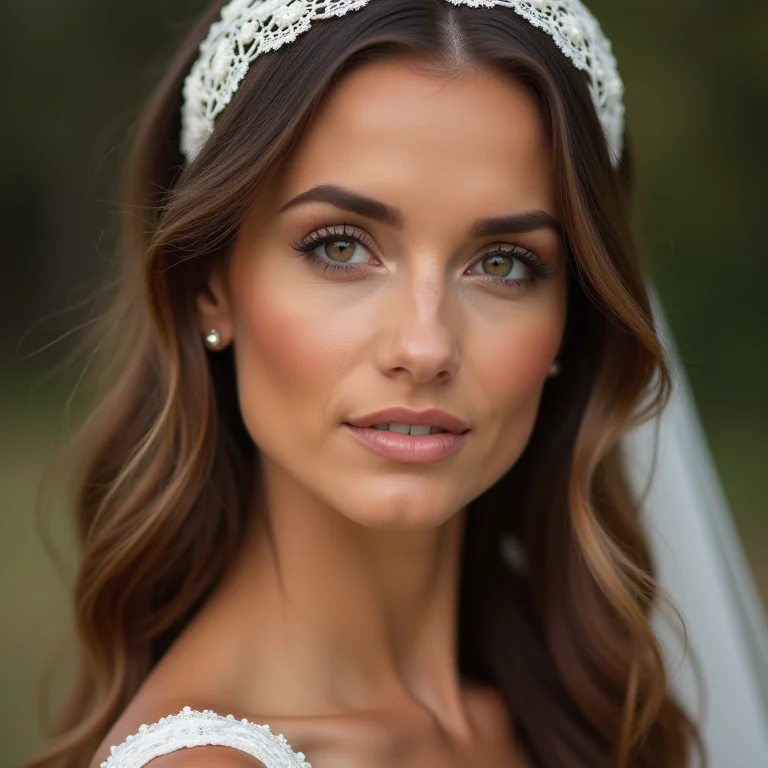 Noiva branca com headband de renda em casamento vintage