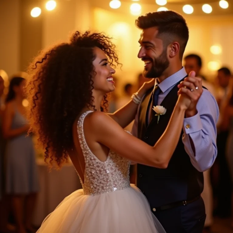 Noiva brasileira com vestido de tule com glitter dançando com o noivo