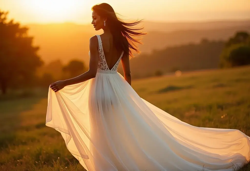 Deusa no altar: o vestido de noiva estilo grego ideal ✨ Noiva brasileira negra vestindo um vestido de noiva estilo grego em uma fazenda histórica ao pôr do sol.