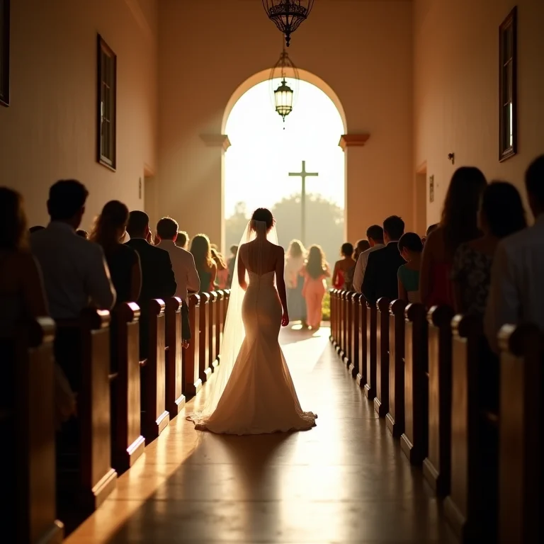 Noiva caminhando até o altar em igreja colonial em Resplendor