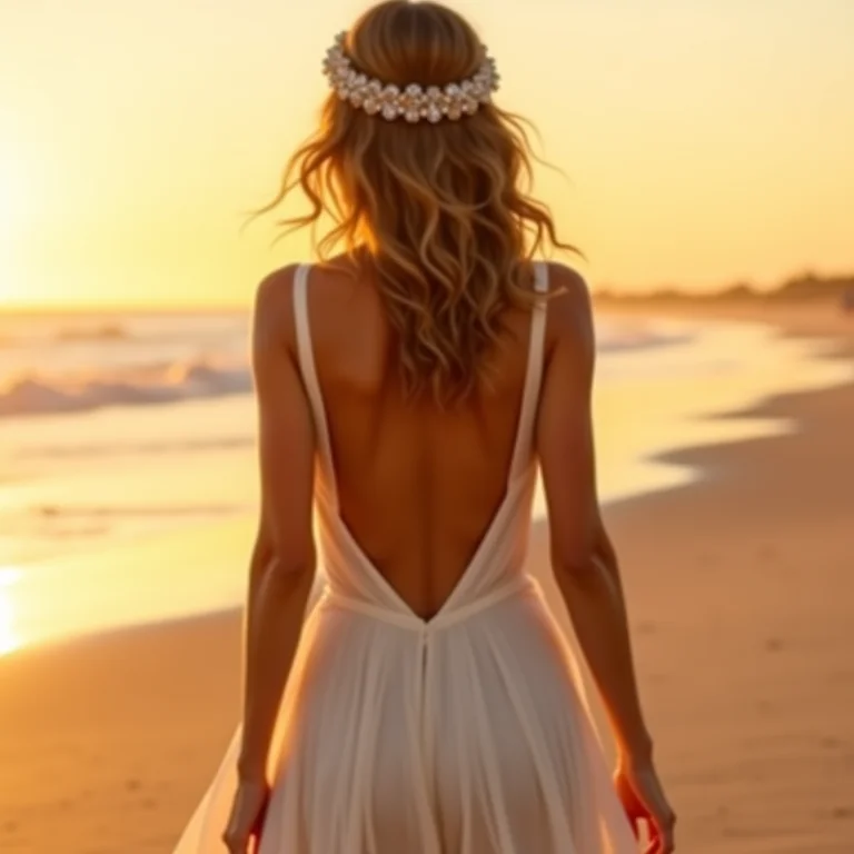 Noiva caminhando na praia com acessório de cabelo