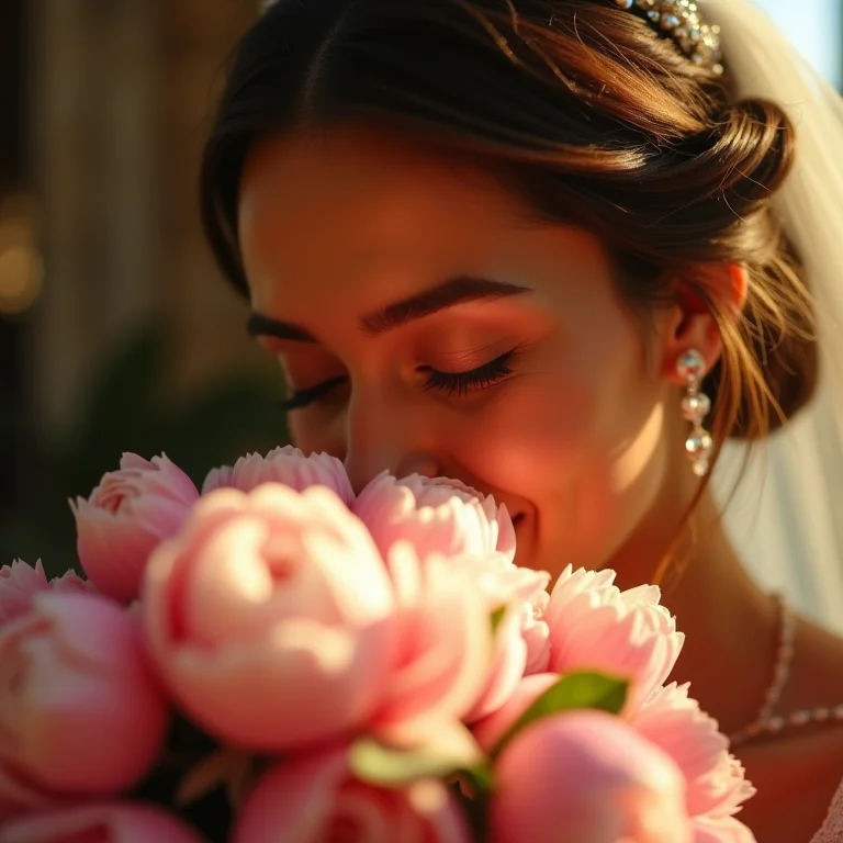 Noiva cheirando seu buquê de peônias, com expressão de felicidade.