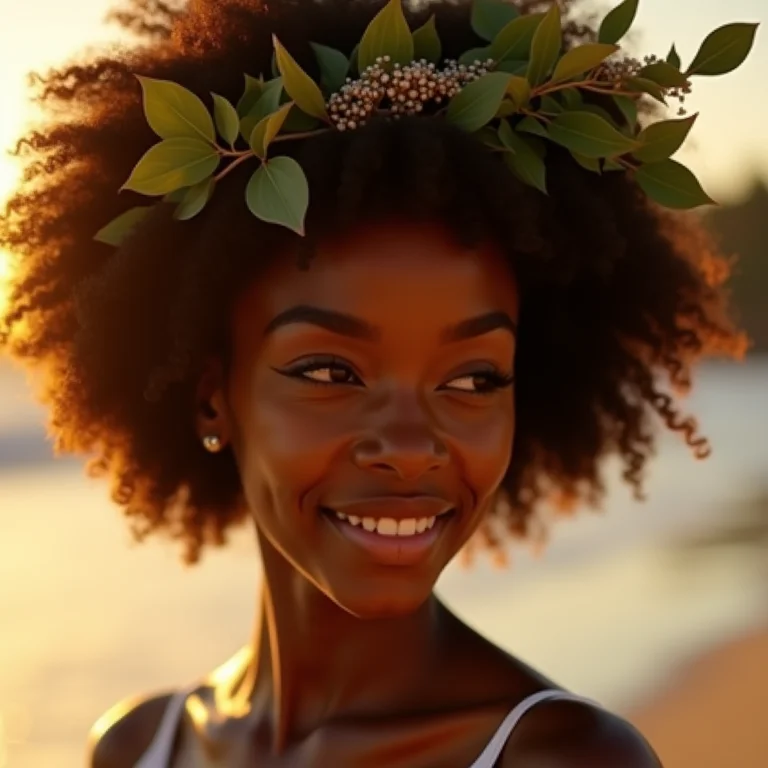 Noiva com cabelo afro usando grinalda com folhas e ramos em casamento na praia