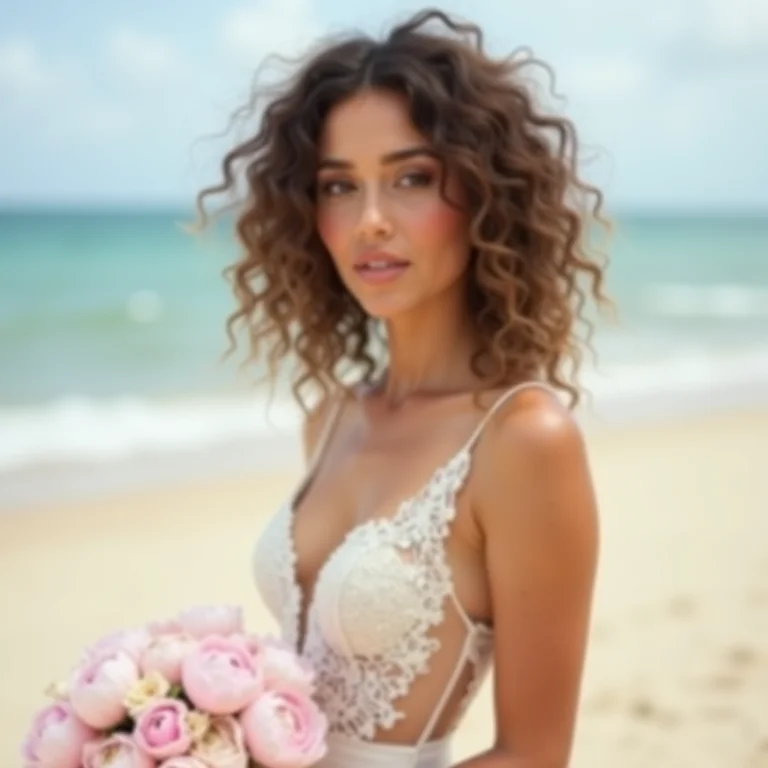 Noiva com vestido boho segurando buquê de peônias combinando.