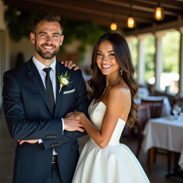 Noiva com vestido minimalista e moderno em restaurante