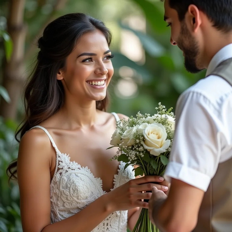 Noiva conversando com florista local sobre buquê