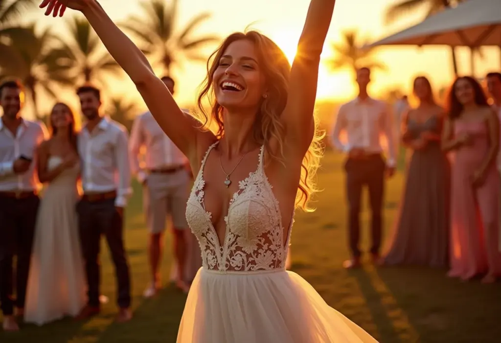 Noiva dançando em vestido leve e confortável durante a recepção de casamento.