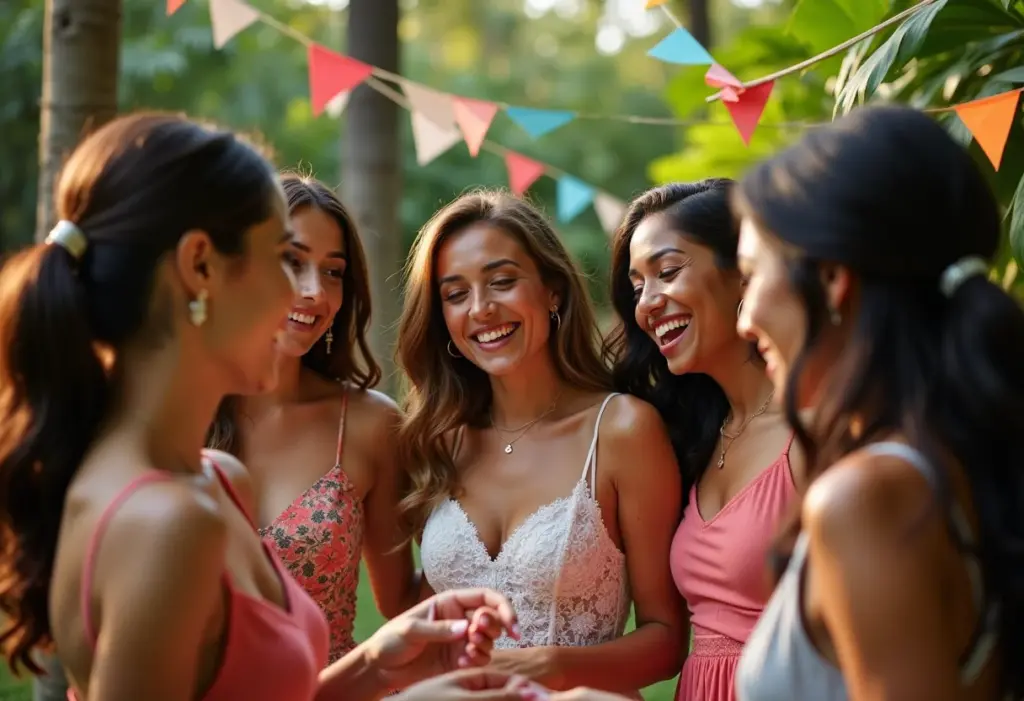 Noiva e amigas jogando caça ao tesouro erótico em despedida de solteira.