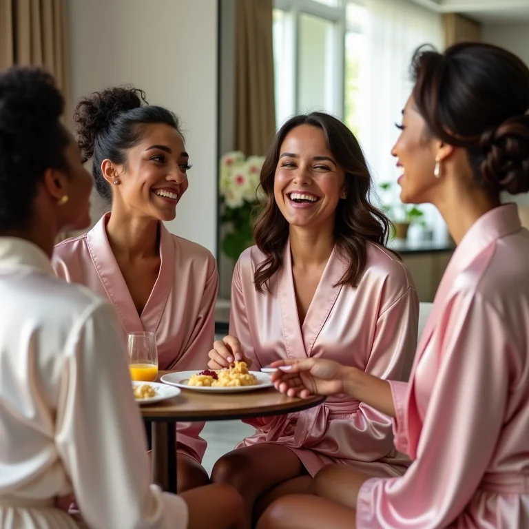 Noiva e madrinhas relaxando e tomando café da manhã juntas no hotel.