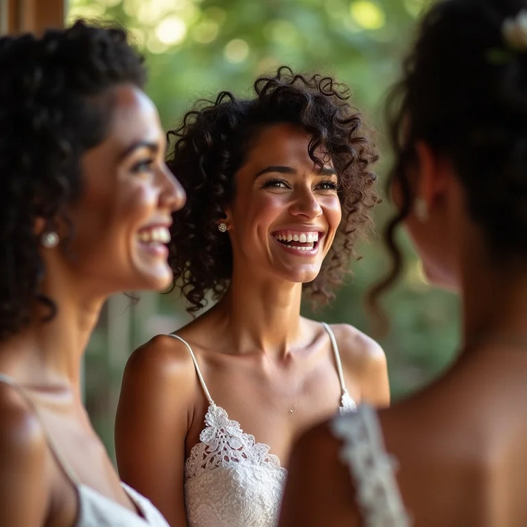 Noiva e madrinhas rindo em casamento em Brumadinho.