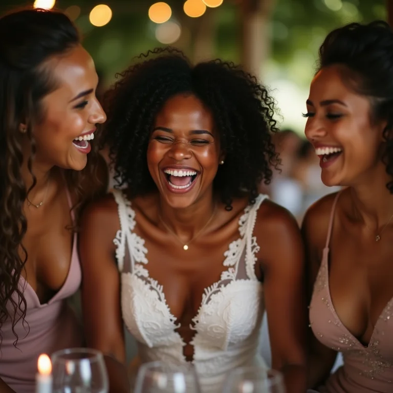 Noiva e madrinhas rindo em casamento informal em fazenda brasileira