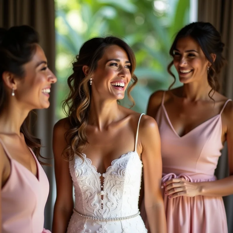 Noiva e madrinhas rindo juntas durante o making of
