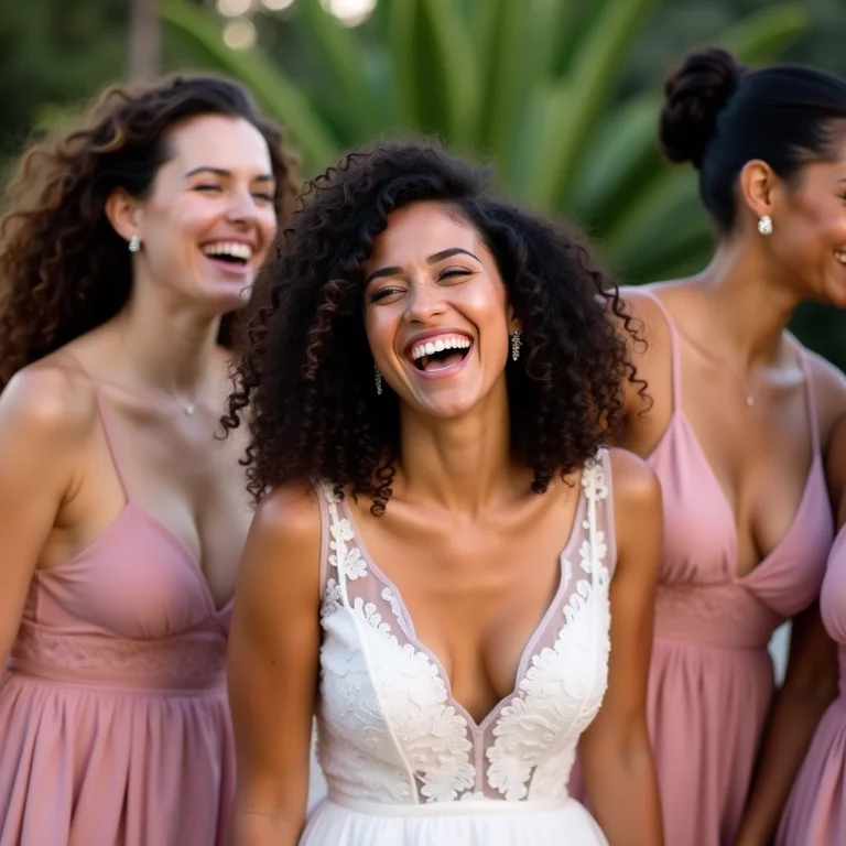 Noiva e madrinhas rindo na Pousada Estrela D'Água, Arraial d'Ajuda.