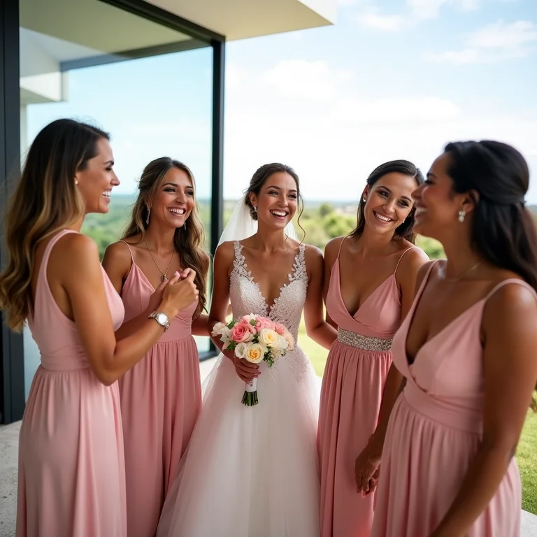 Noiva e madrinhas se divertindo em casamento moderno com vista panorâmica em Moeda.