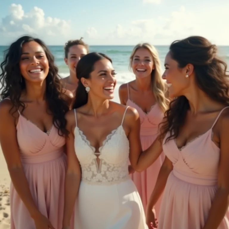 Noiva e madrinhas se divertindo em casamento na praia no Rio de Janeiro