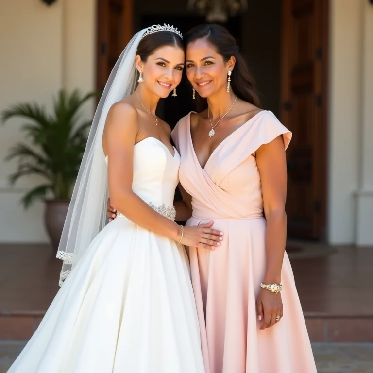 Noiva e mãe posando juntas após a cerimônia em uma igreja colonial brasileira, vestindo branco e blush, respectivamente.