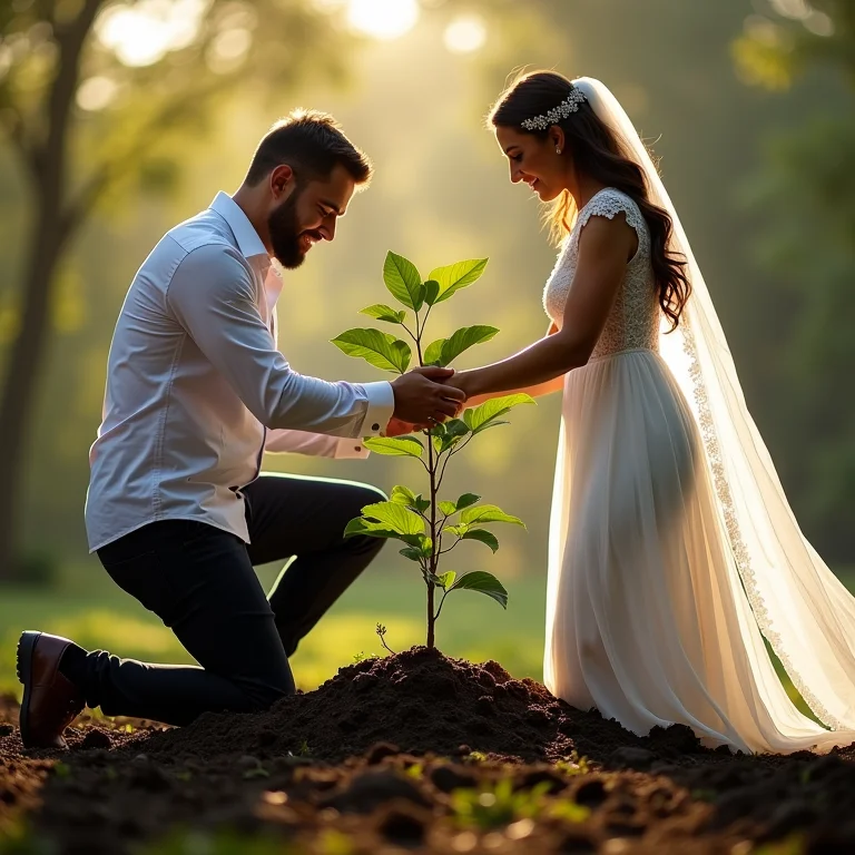 Noiva e noivo plantando árvore juntos em casamento celta