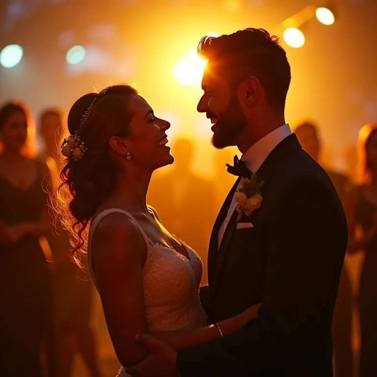 Noiva e noivo rindo com amigos que os inspiram no casamento