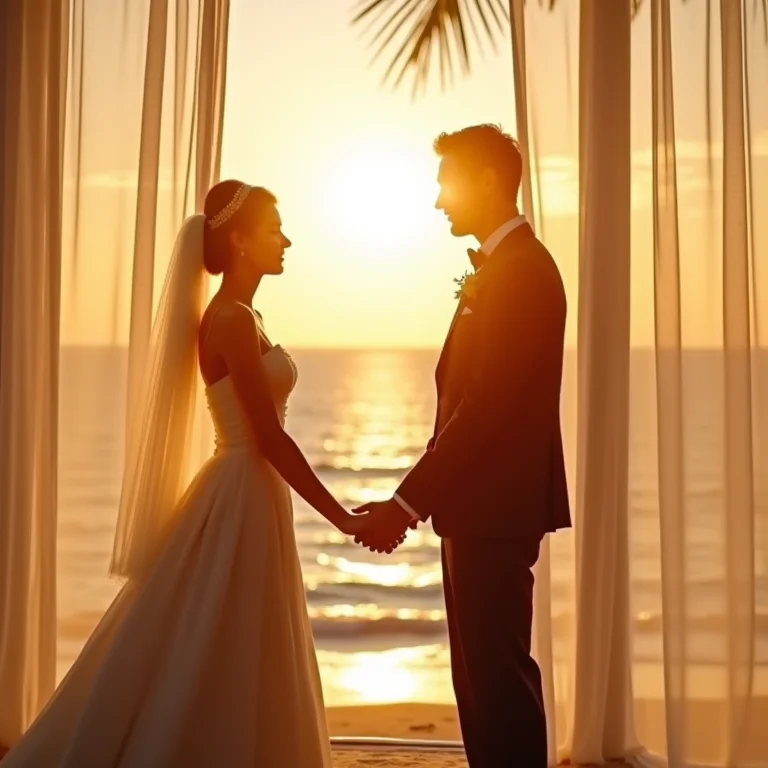 Noiva e noivo tocando as mãos através de uma cortina antes da cerimônia