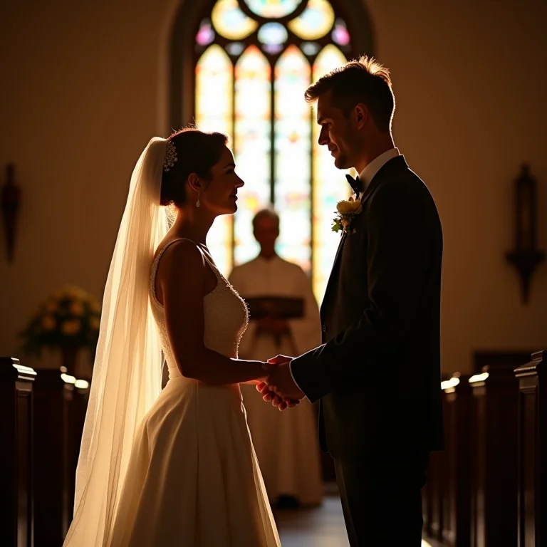 Noiva e noivo trocam votos em igreja colonial brasileira.
