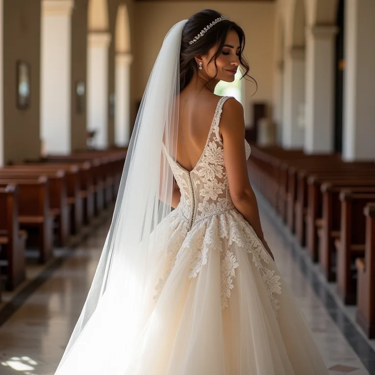 Noiva em um deslumbrante vestido de noiva de inverno em uma igreja colonial brasileira.