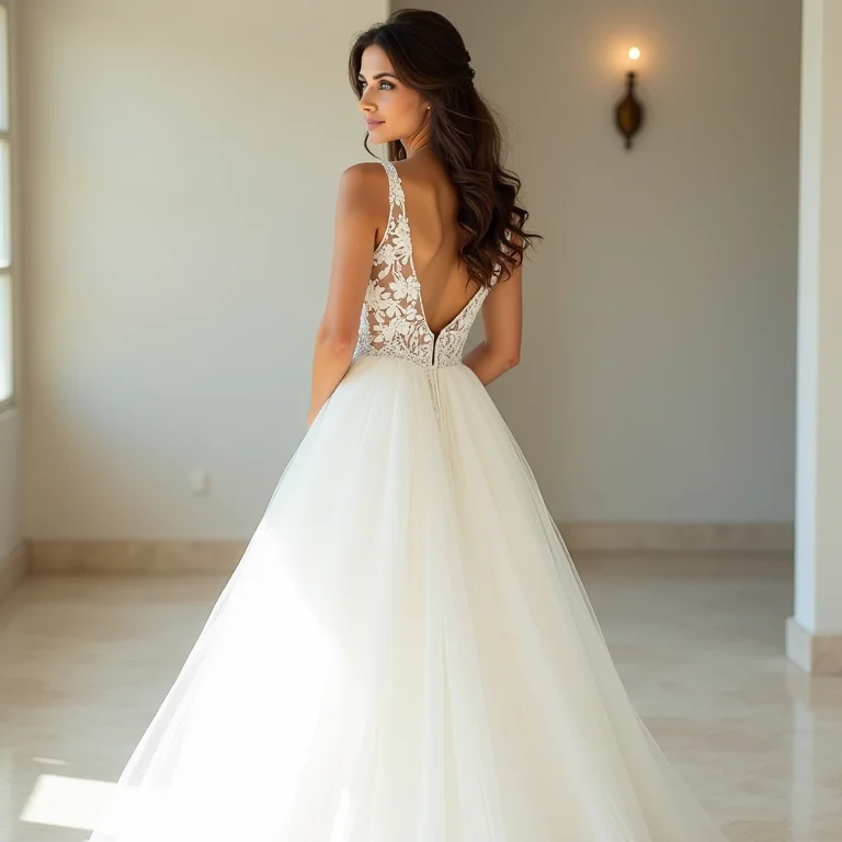 Noiva em vestido branco gelo em salão de festa moderno.