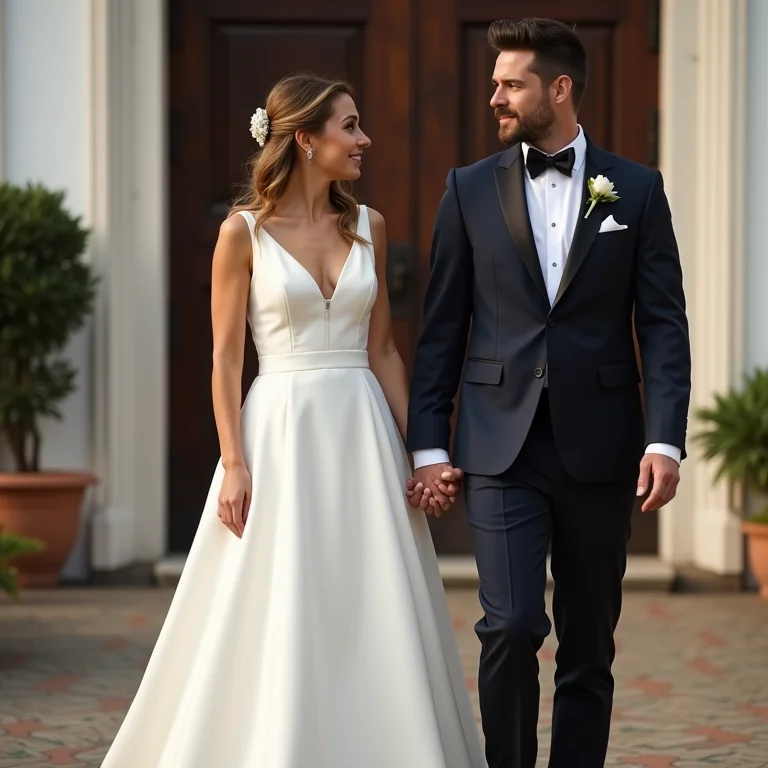 Noiva em vestido clássico com bolsos discretos em frente a uma igreja colonial.