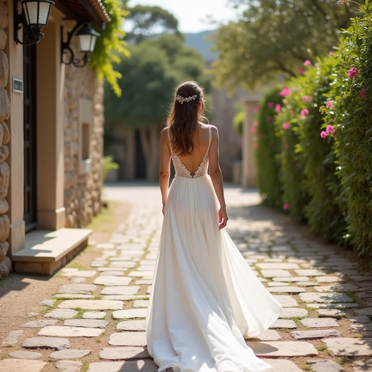 Noiva em vestido longo e fluido caminhando para o local da cerimônia