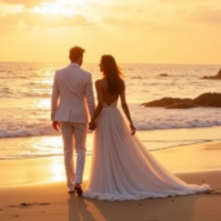 Noiva em vestido Rosa Clará Soft caminhando na praia ao pôr do sol