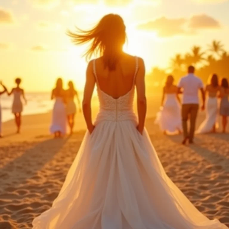 Noiva empoderada na praia com as mãos nos bolsos do vestido.