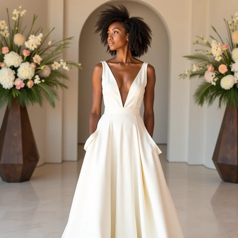 Noiva moderna com vestido minimalista e bolsos grandes.