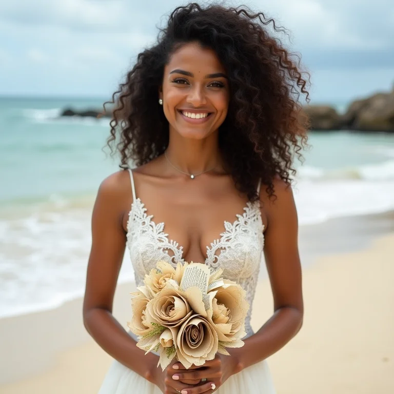 Noiva morena com buquê feito de páginas de livros em casamento na praia