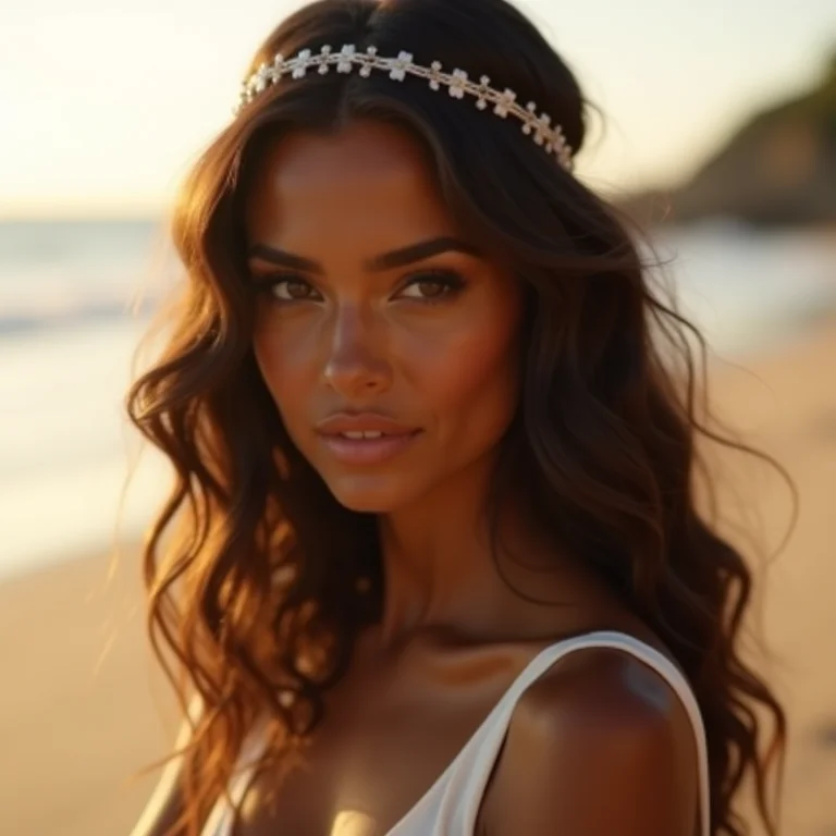 Noiva morena com headband minimalista em casamento na praia