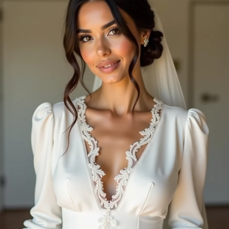 Noiva mostrando diferentes estilos de mangas compridas para vestidos de noiva.