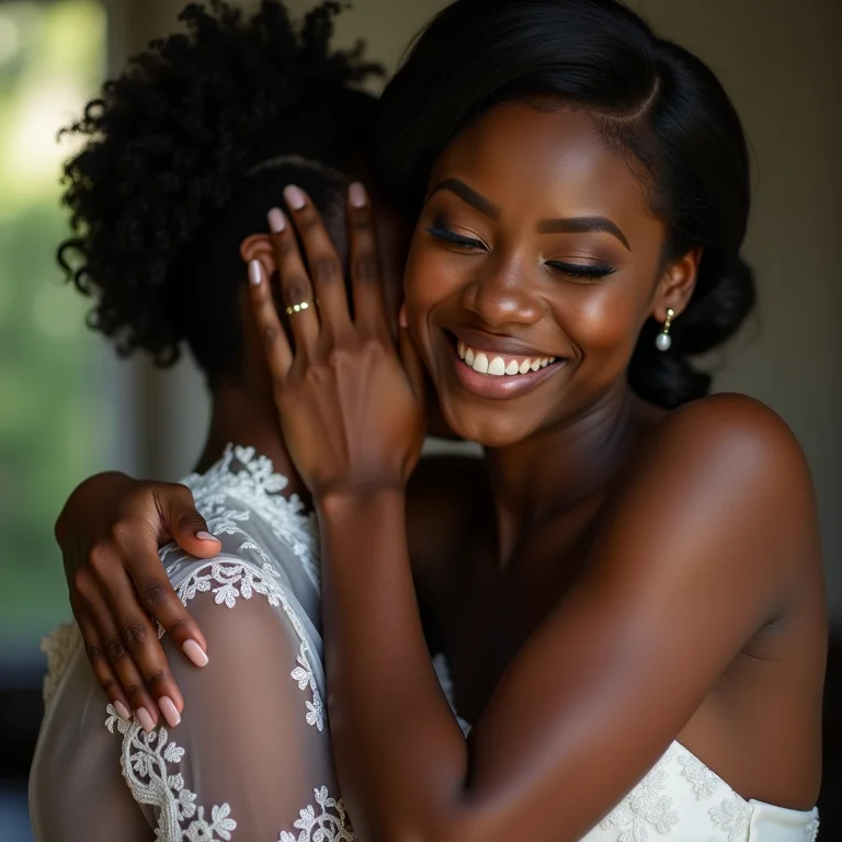 Noiva negra brasileira abraçando sua assessora de casamento com lágrimas de alegria.