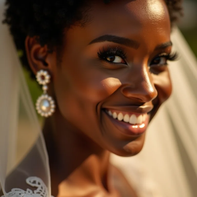 Noiva negra brasileira exibindo seus cílios com lifting