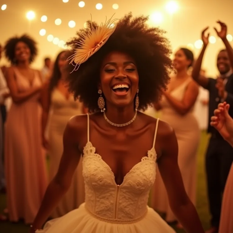 Noiva negra dançando alegremente na sua festa de casamento usando um fascinator confortável.