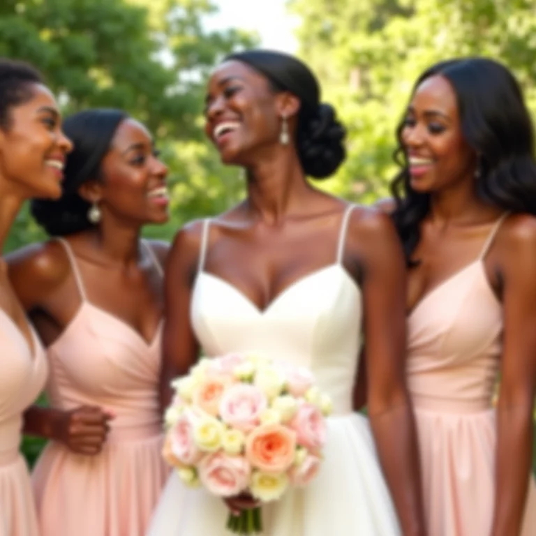 Noiva negra sorrindo com damas de honra em jardim ensolarado.