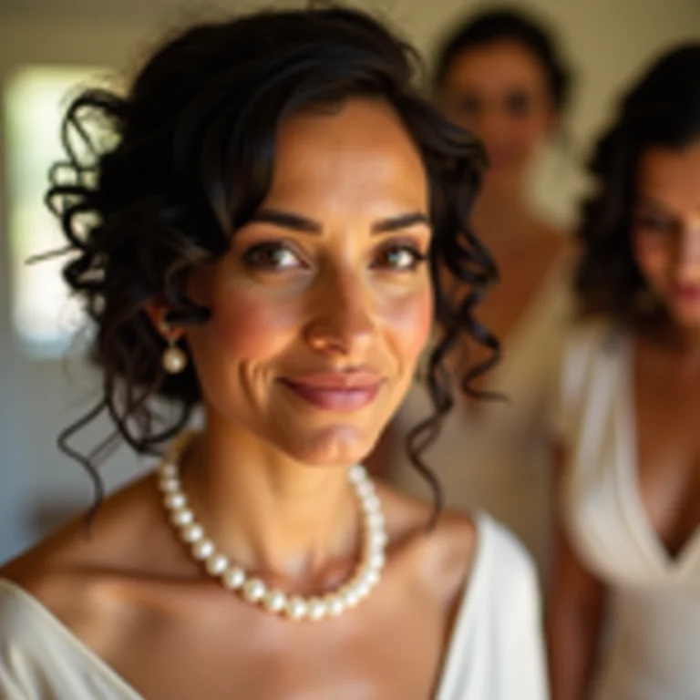 Noiva negra sorrindo usando colar de pérolas