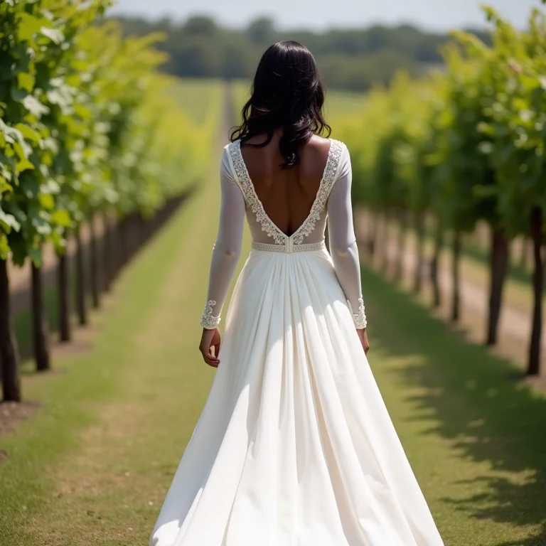 Noiva negra usando vestido de crepe caminhando ao altar em vinícola.