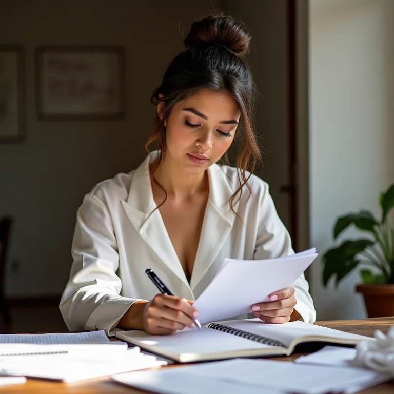 Noiva planejando o orçamento e cronograma do casamento com cadernos e planilhas.
